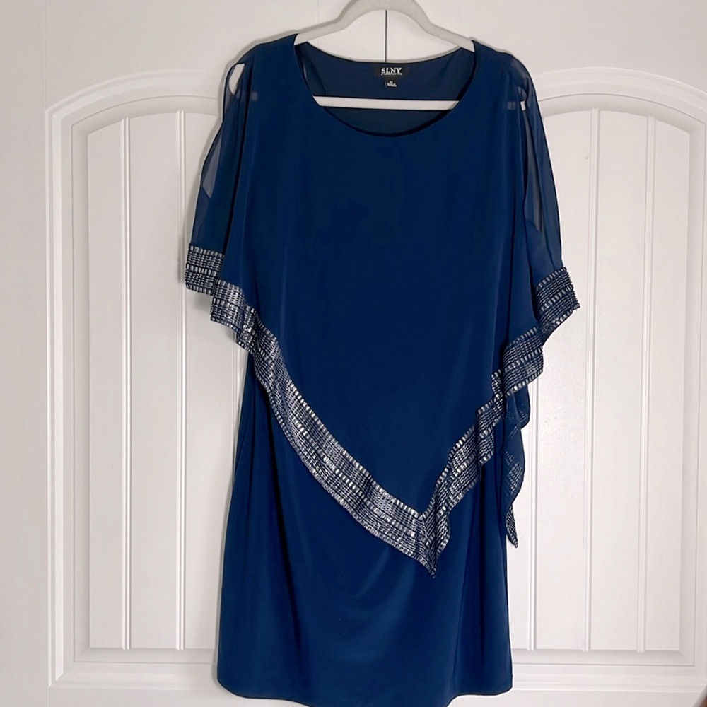 Navy Blue Dress | SLNY | with key hole short sleeves - Size 14